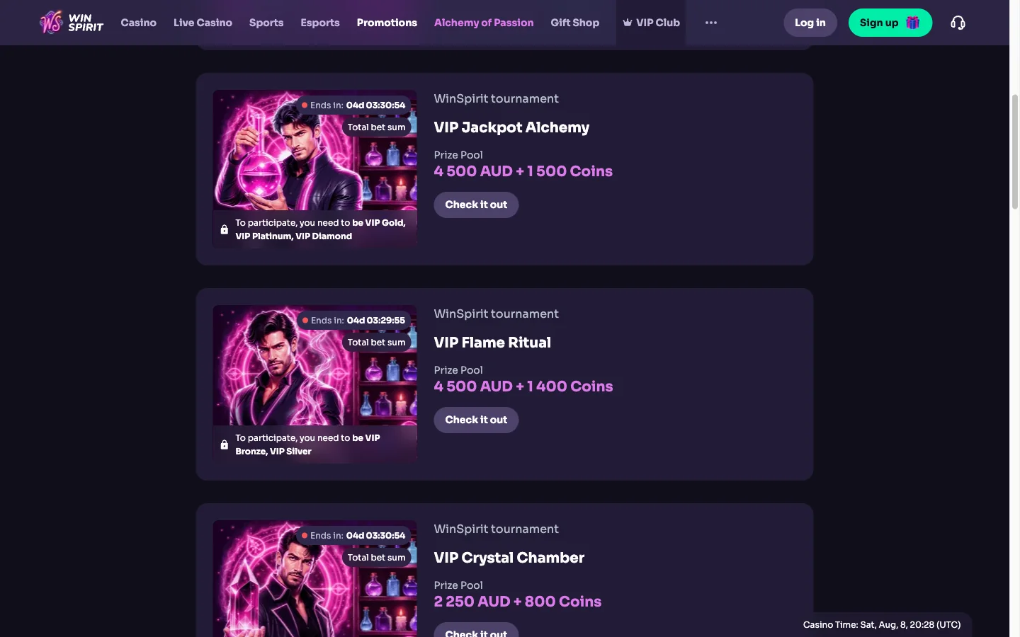WinSpirit VIP tournament and cashback cards for Australian players with AUD prize pools